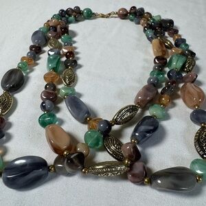 Vintage 4-Strand Multi-Gemstone & Ornate Brass Bead Necklace - Boho Chic